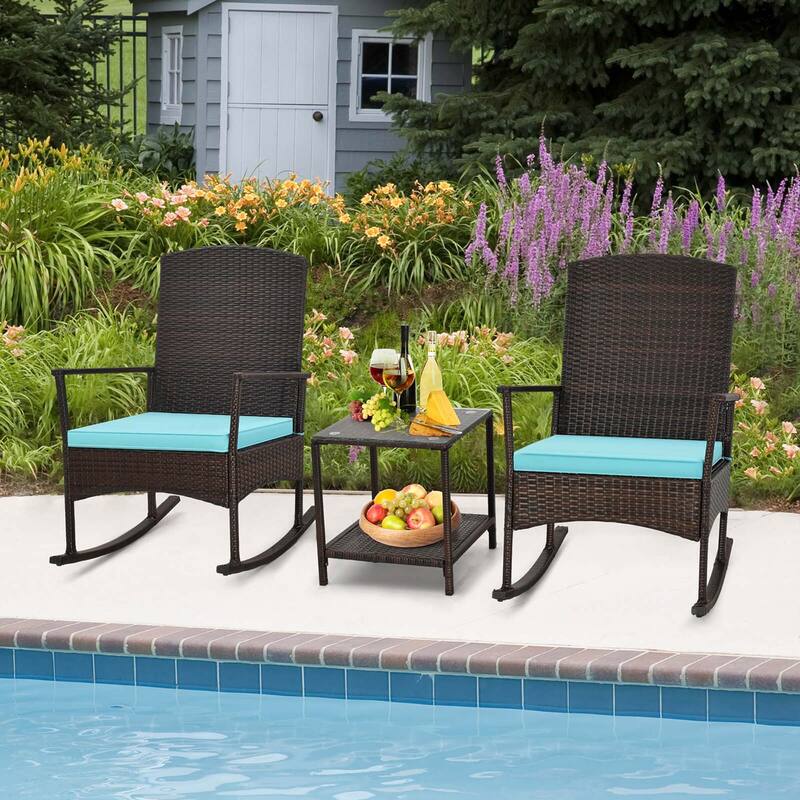 3 PCS Patio Rocking Set Wicker Rocking Chairs with 2-Tier Coffee Table
