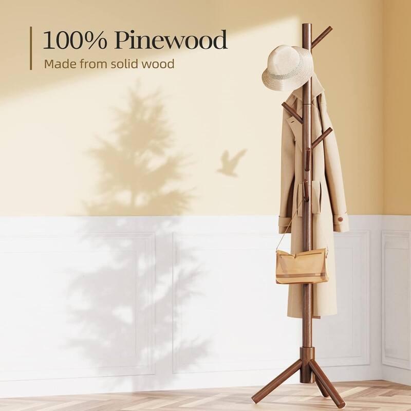Sturdy Wooden Coat Tree with 8 Hooks, 3 Adjustable Sizes - ‎19.7"D x 19.7"W x 68.9"H