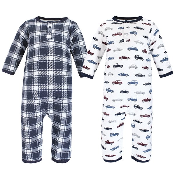slide 1 of 1, Hudson Baby Infant Boy Premium Quilted Coveralls, Cars 0 - 3 Months - Blue