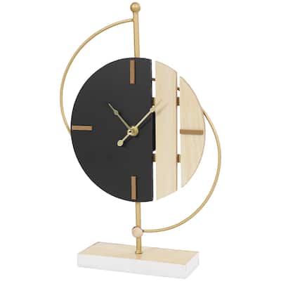 Wooden Geometric Two-Toned Decorative Clock with Wood Accents and Gold Semicircle Frame - Black - CosmoLiving by Cosmopolitan