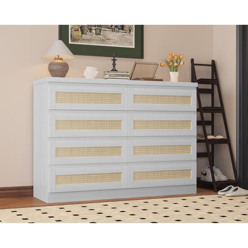 6/8 Drawer Rattan Dresser for Bedroom, Double Wood Chest of Drawers for Closet, Nightstand, TV Stand