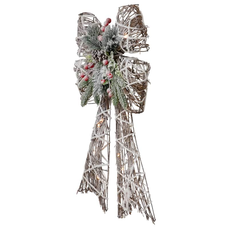 23" LED Lighted Frosted Rattan Christmas Bow Decoration