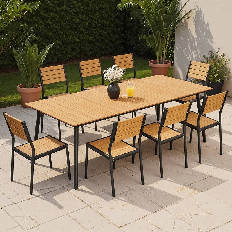 9-Piece Aluminum Outdoor Dining Set with Umbrella Hole and Stacking Armless Chairs