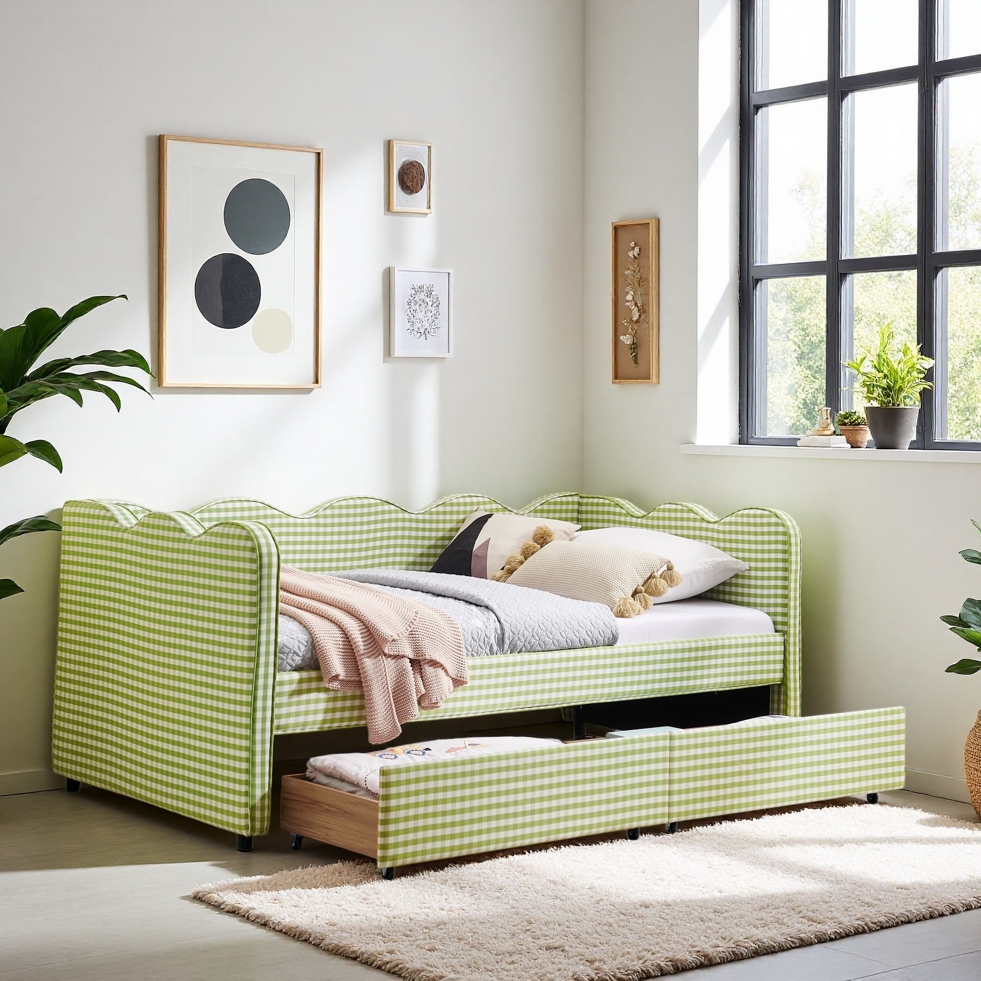Upholstered Daybed with 2 Storage Drawers, USB Port, and Wave-Shaped Design