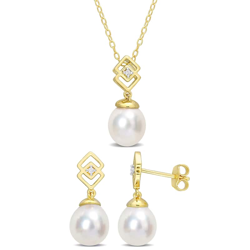 Miadora Cultured South Sea Pearl White Topaz 2-Piece Drop Necklace Earrings Set Yellow Silver