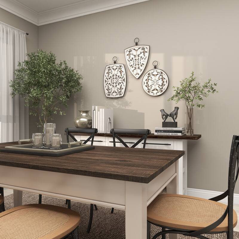 White Wooden Carved Design Floral Home Wall Decor with Ring Hanger (Set of 3)