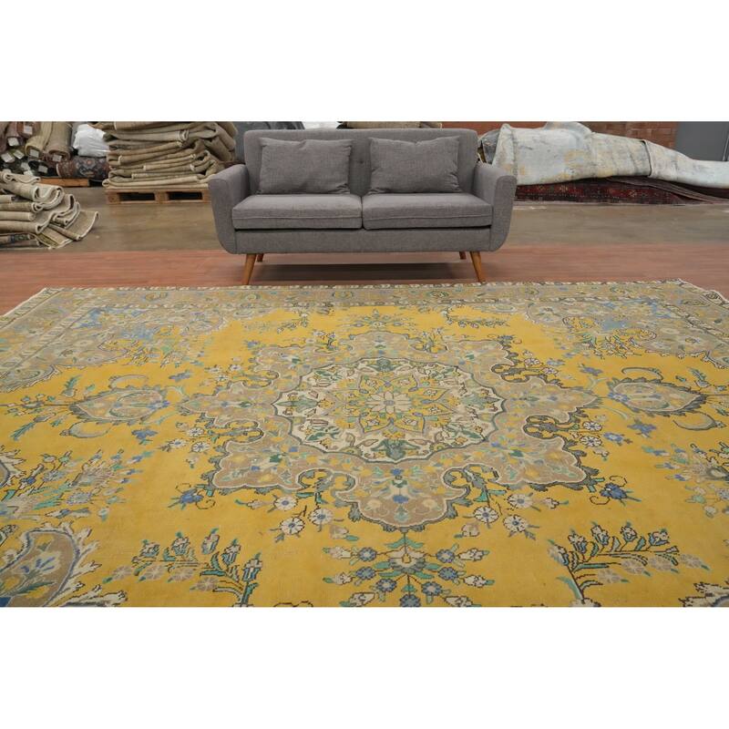 Hand Knotted Oriental 100% Wool Carpet Traditional Floral Yellow & Gold Tabriz Area Rug - 12' 3'' X 10' 0''