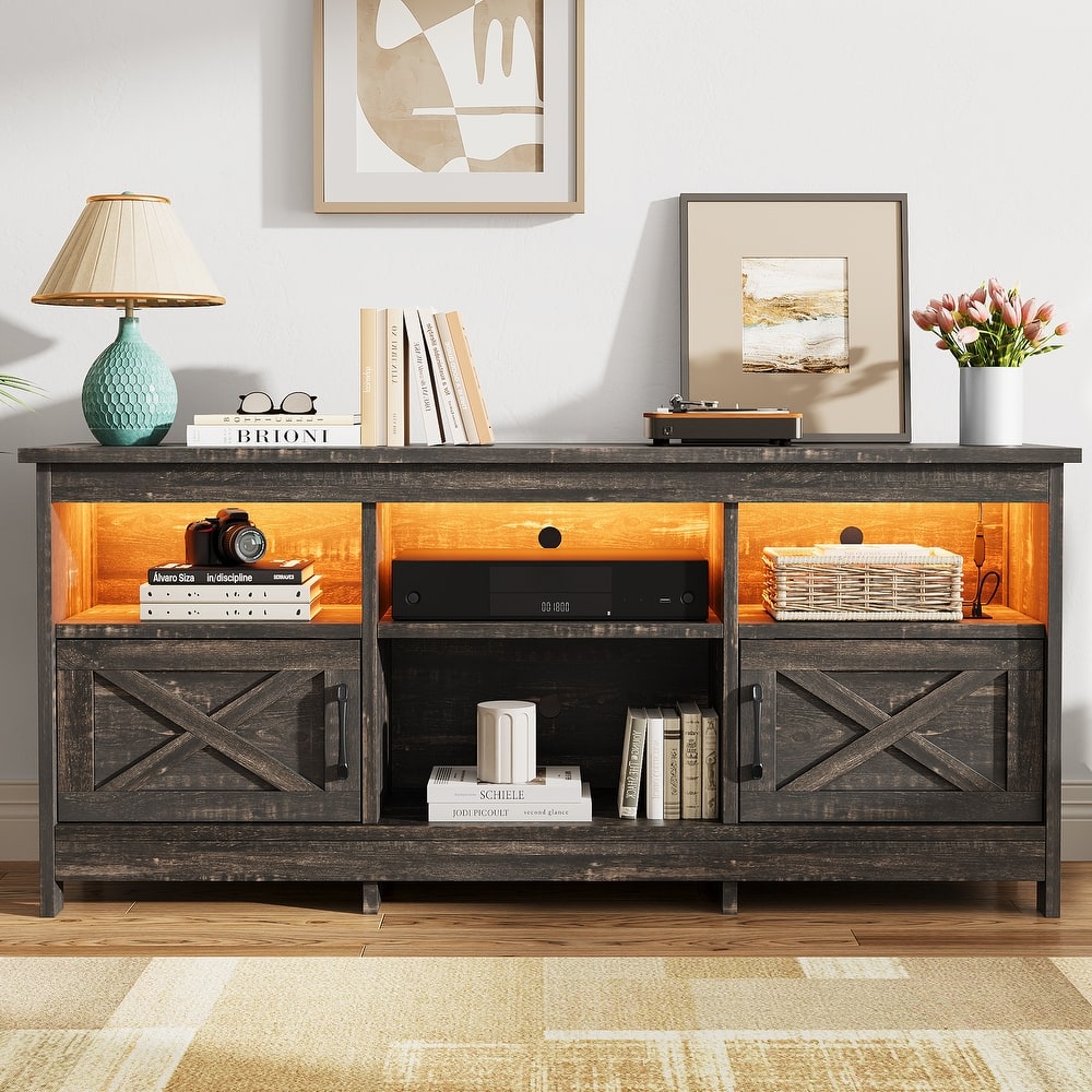 Moasis 70"/59" Farmhouse TV Stand for 80"/65" TV with Outlet and Lights