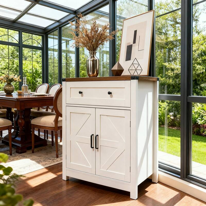 Farmhouse Barn-Door Storage Cabinet, Coffee Bar Buffet Sideboard with Drawer for Kitchen & Living Room