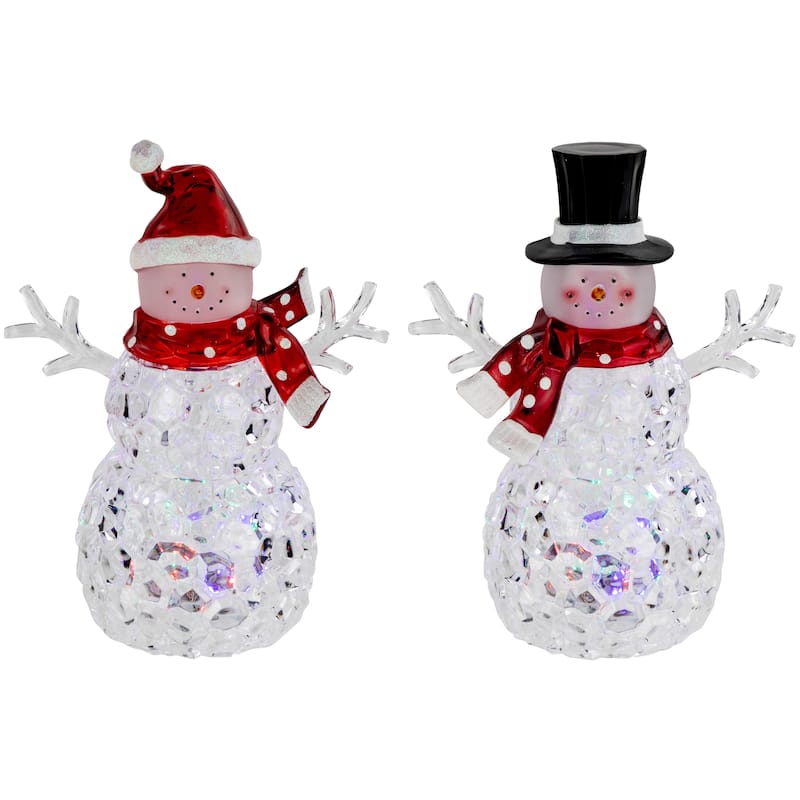 Lighted Acrylic Snowmen Christmas Decorations - 9" - LED Multicolor Lights - Set of 2