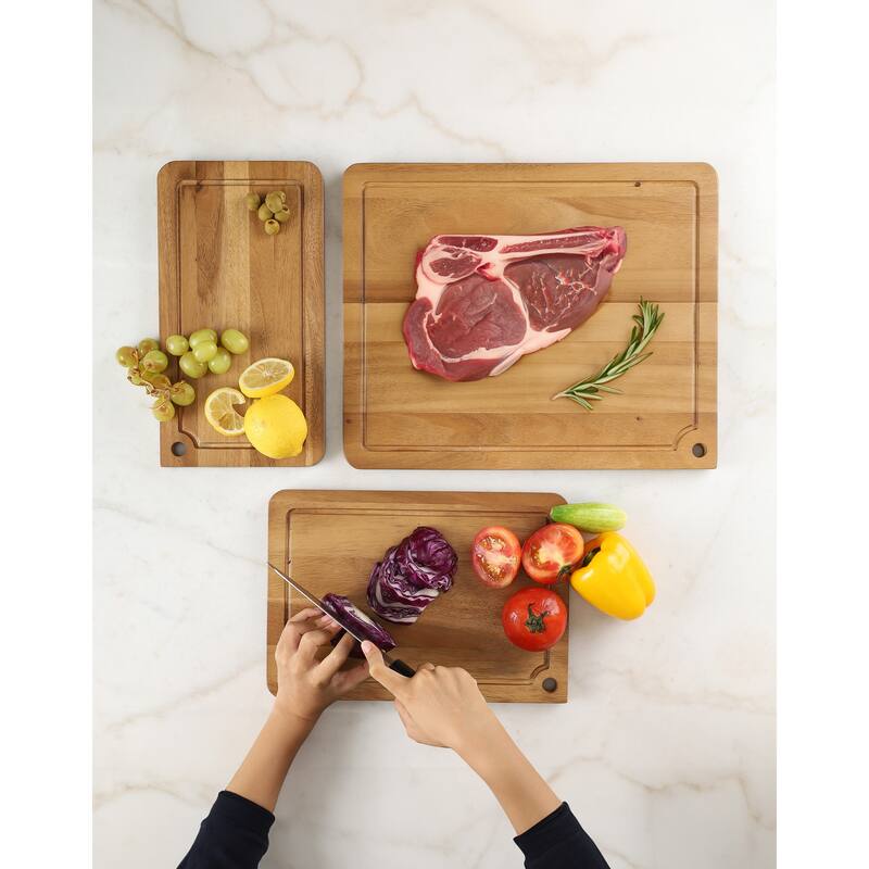 Sango Atelier Acacia Wood 3-Piece Cutting Board Set with Straight Edge & Handles - Kitchen Chopping Boards for Meat & Vegetables