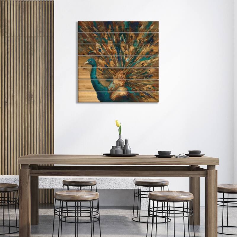 Proud Peacock Print On Wood by Julianne Marcoux - Multi-Color