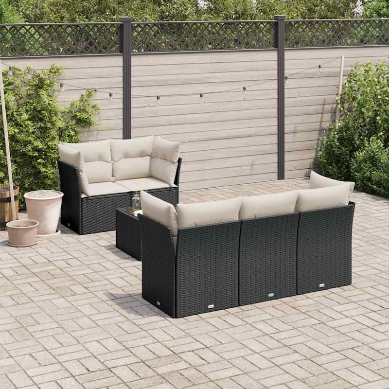 vidaXL Patio Sofa Set with Cushions Outdoor Furniture 6 Piece Poly Rattan - 21.7 x 21.7 x 14.6 - Black and cream
