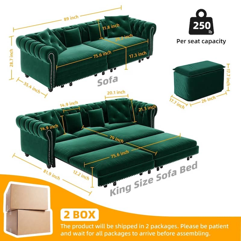3-in-1 Pull-Out Convertible Sleeper Sofa Bed with Movable Ottoman