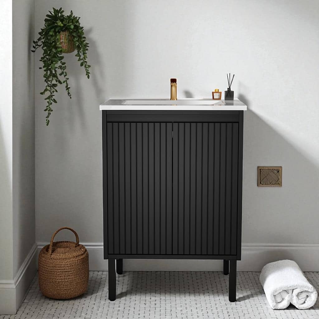24 Inch Bathroom Vanity with Sink, Floor Standing MDF Cabinet with Soft-Close Drawers and Modern Design