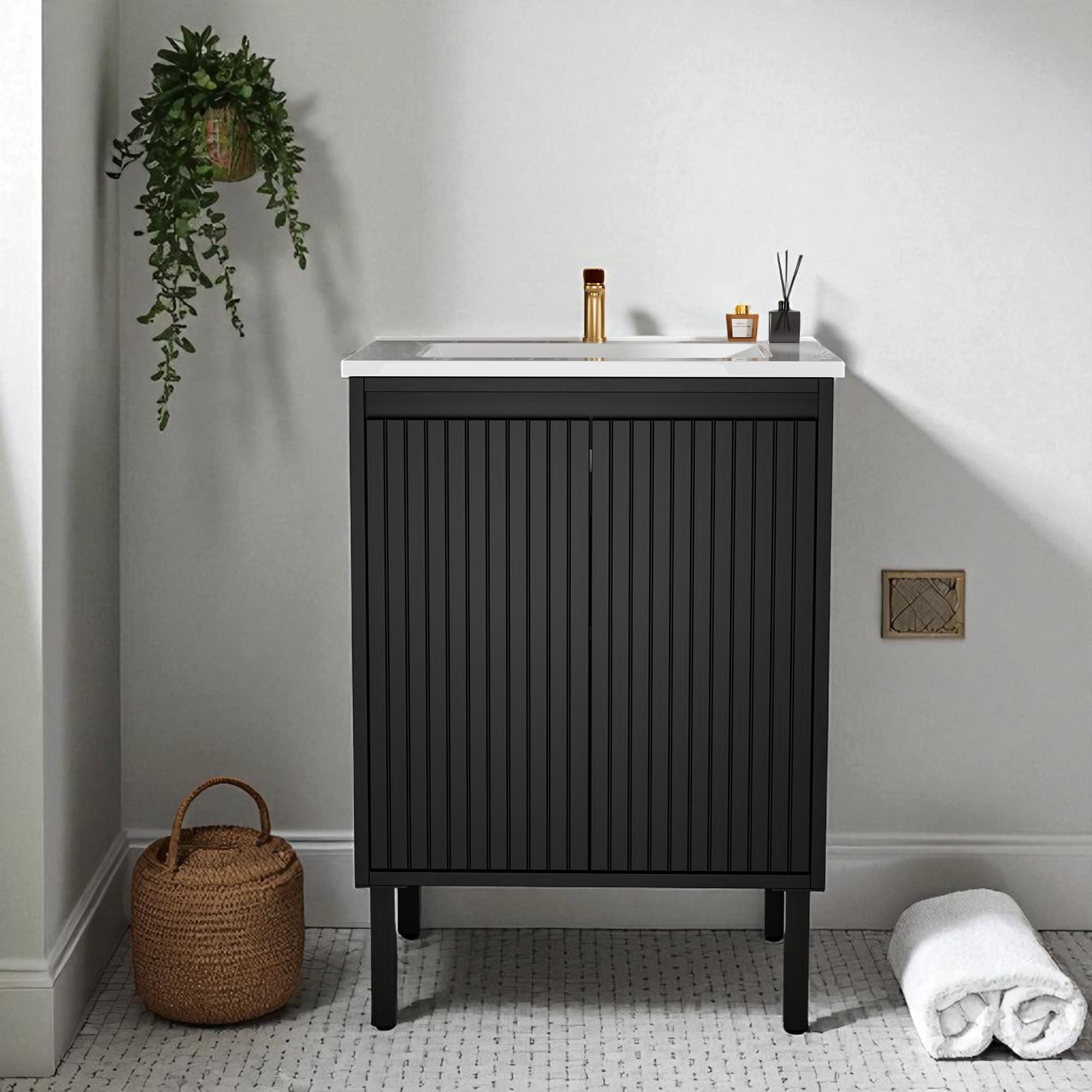 24 Inch Bathroom Vanity with Sink, Floor Standing MDF Cabinet with Soft-Close Drawers and Modern Design