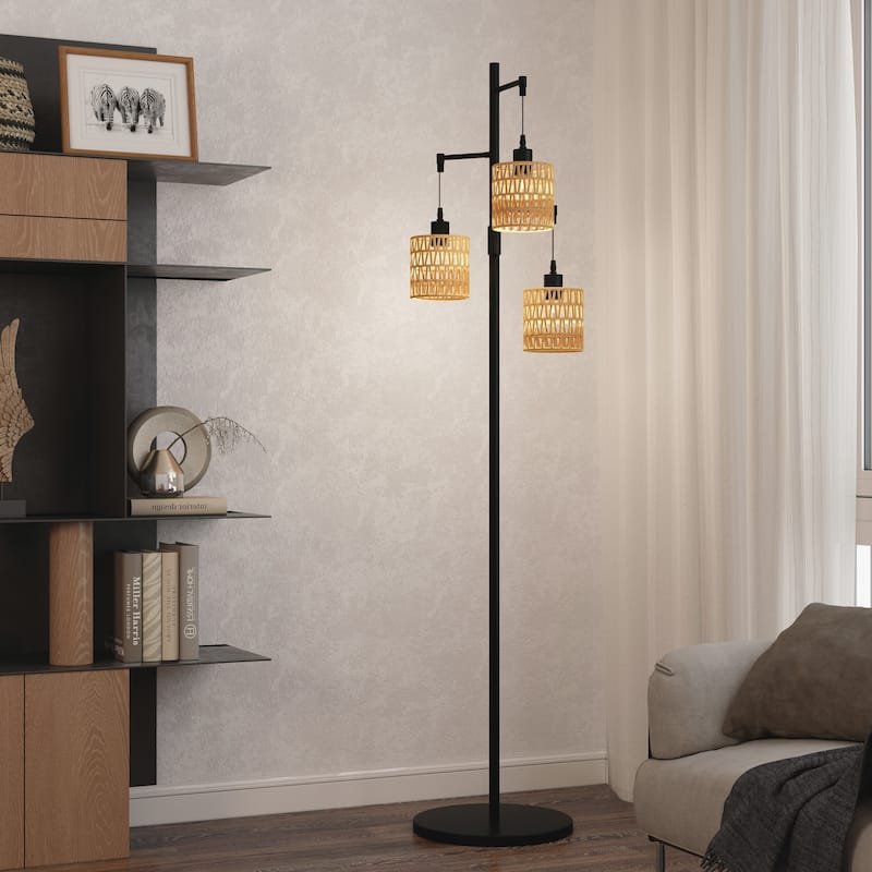 Boho 3-Light Tree Floor Lamp With Rattan Drum Shades
