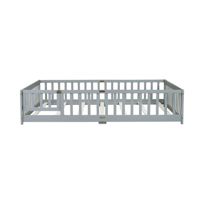 Twin/Full/Queen Size Floor Bed with Fence Guardrails and Door, Rubber Wood Toddler Bed Montessori Bed with Slats Support