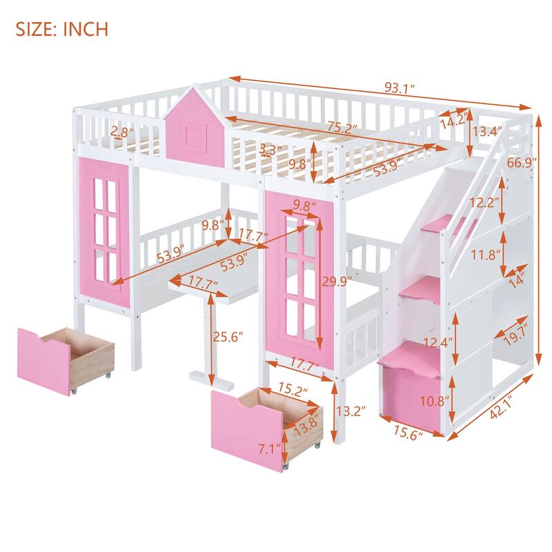 Stairway Bunk Bed with Changeable Table, Wood House Bedframe with Window & 2 Drawers, Bunk Bed Turn into Upper Bed and Down Desk