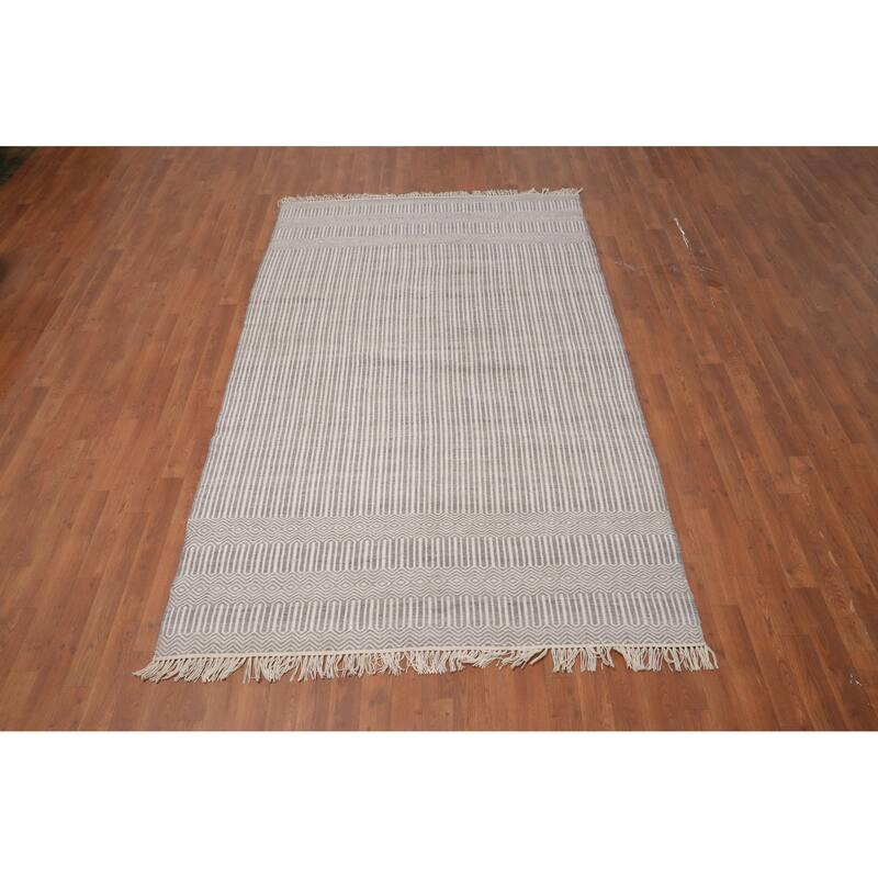 Hand Woven Oriental 100% Wool Carpet Traditional Geometric Beige & Ivories Durrie-Kilim Area Rug - 8' 3'' X 5' 1''