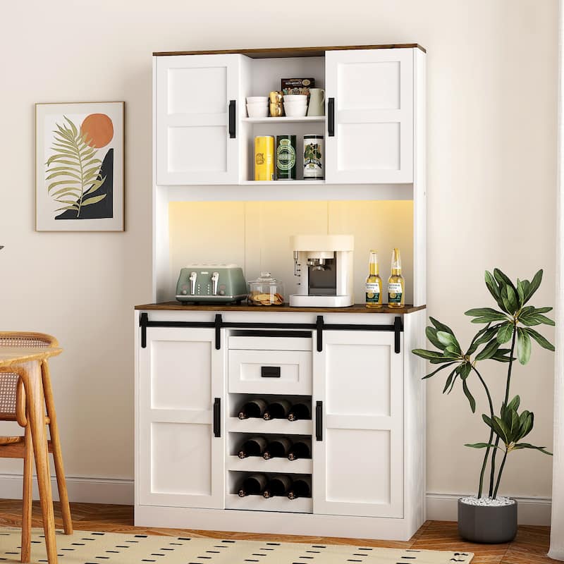 Farmhouse Wood Pantry Storage Cabinet with Sliding Barn Door, Sideboard Buffet, Large Kitchen Bar Cabinet with Charging Station