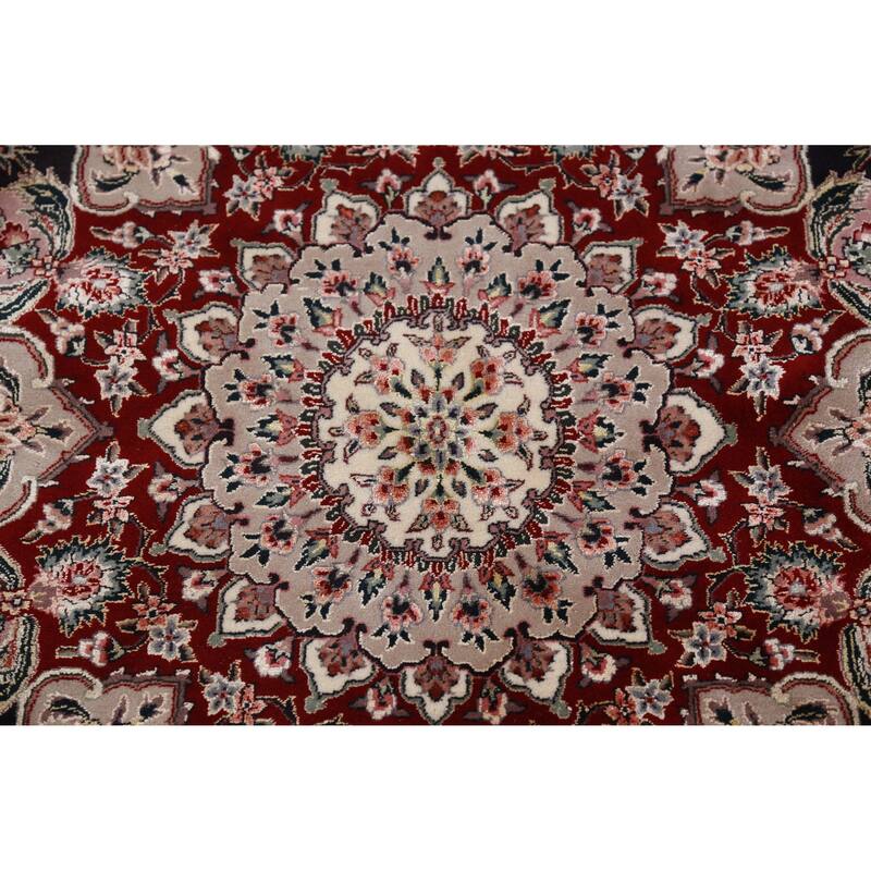 Hand Knotted Oriental Wool & Silk Carpet Traditional Floral Navy Blue & Blues Tabriz Area Rug - 9' 8'' X 7' 10''