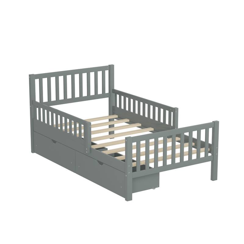 Twin Size Wood Platform Bed with Guardrails and Two Storage Drawers, Gray, Sturdy Construction