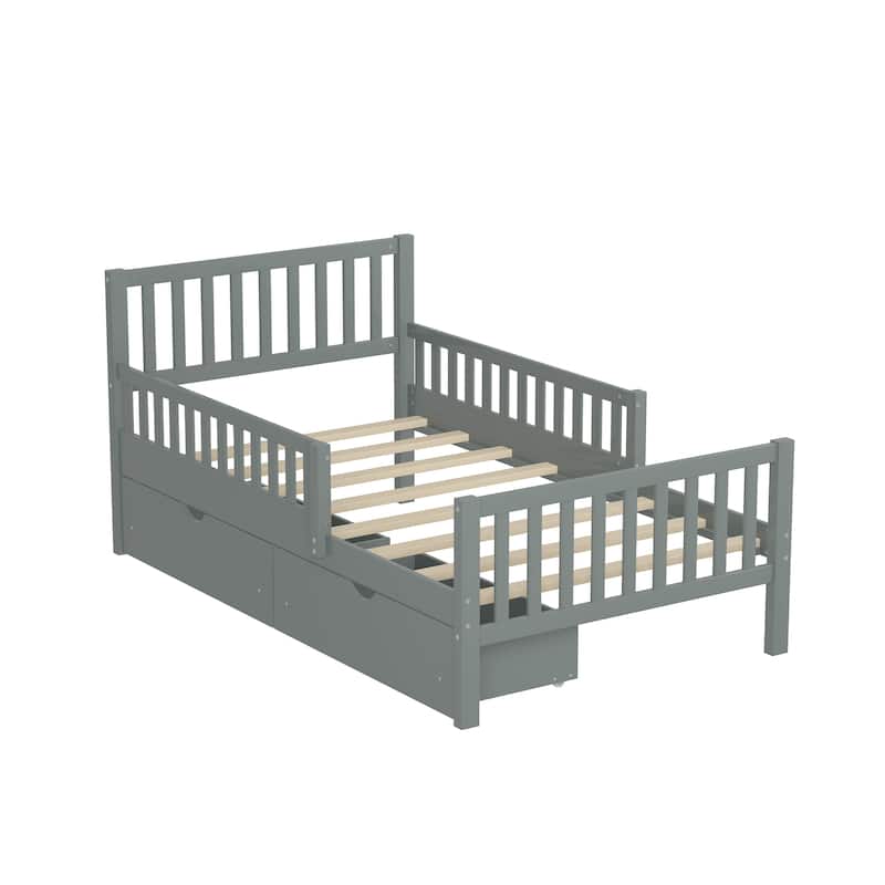 Twin Size Wood Platform Bed with Guardrails on Both Sides and Two Storage Drawers, Gray