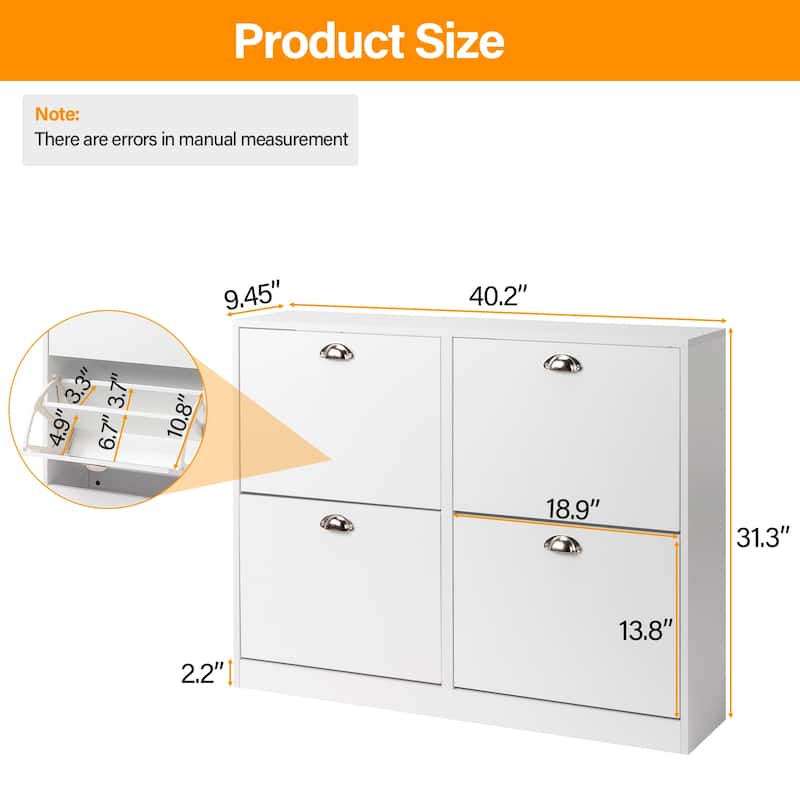 White Shoe Cabinet with 8 Large Drawers and Adjustable Storage Rack for Entryway and Hallway - 40.16”W x 9.84”D x 30.91”H