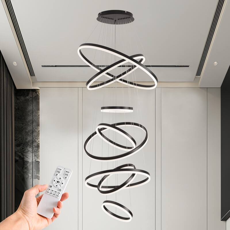 Modern 8 Ring Led Chandelier, Foyer Chandeliers, Large Chandeliers for High Ceilings - Black