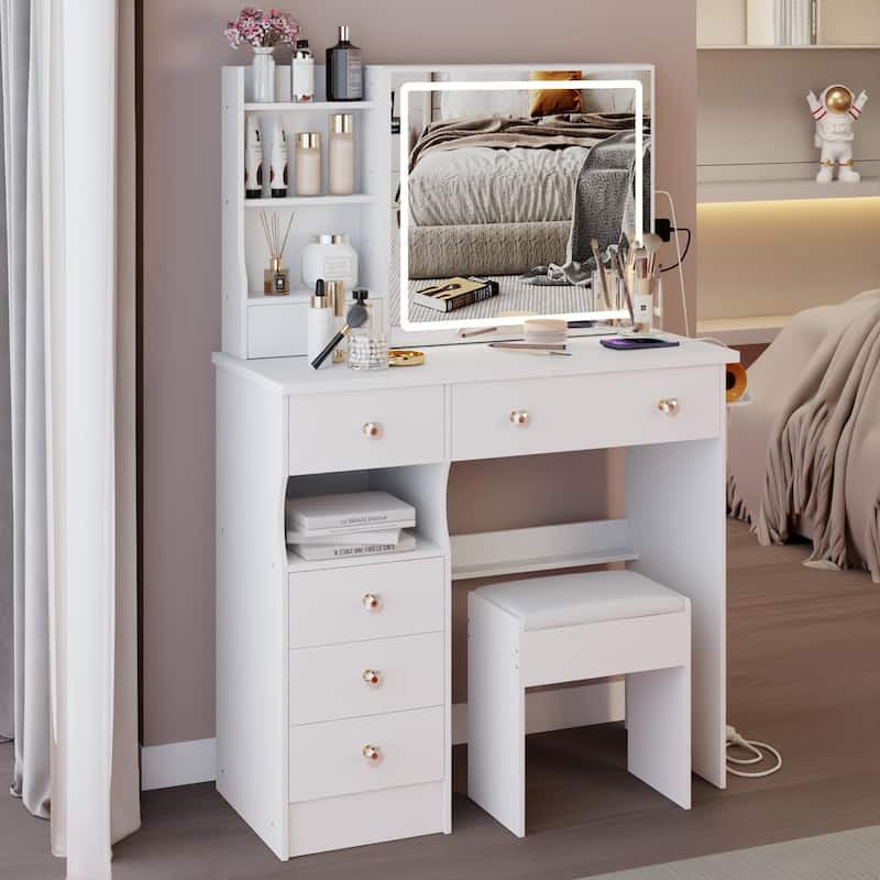 37" Middle Size Left Drawer Desktop Vanity Table + Cushioned Stool Dresser Set, Large Touch Control LED Sliding Mirror