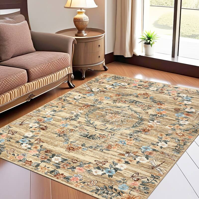 Modern Insect Botanical Pattern Area Rug Floral Print Rug Non-Slip Low Pile Soft Accent Carpet for Living Room Bedroom - 9'x12' - Brown