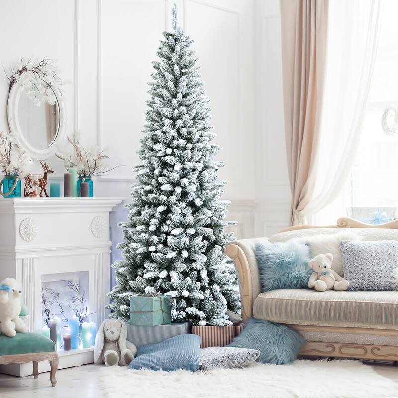 Gymax 4.5/6.5/7.5 FT Artificial Slim Christmas Tree Unlit Snow-Flocked