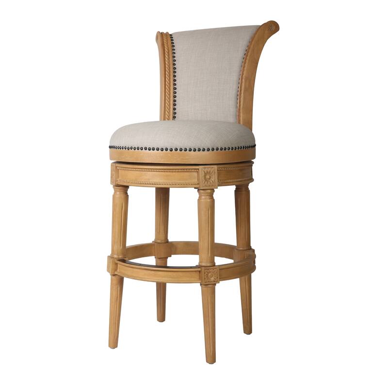 HomeRoots 30" Beige and Natural Fabric and Solid Wood Bar Height Swivel Bar Chair