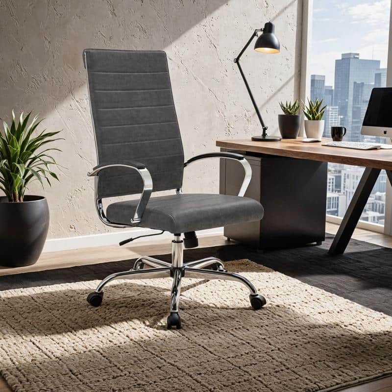 Benmar High-Back Leather Office Desk Chair in Stainless Steel Frame Adjustable Height Tilt Lock 360 Swivel Ergonomic Chair
