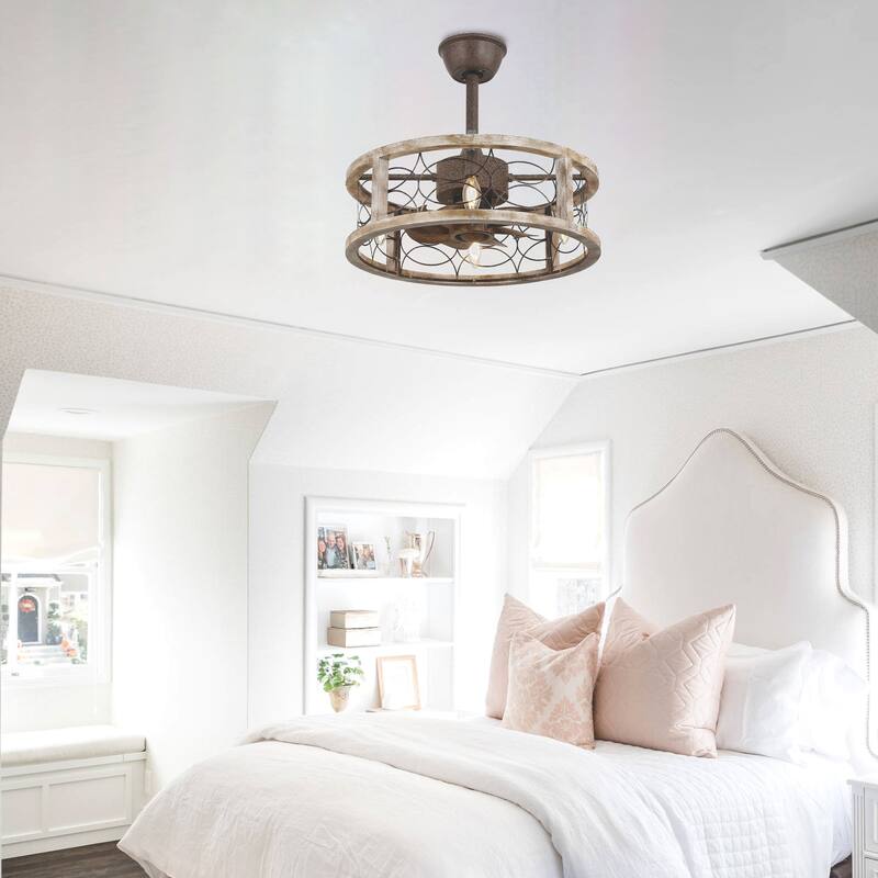 Cusp Barn 18'' Farmhouse Flush Mount Wood Ceiling Fan with Light, Rustic Bladeless Caged Ceiling Light, Antique Fandelier