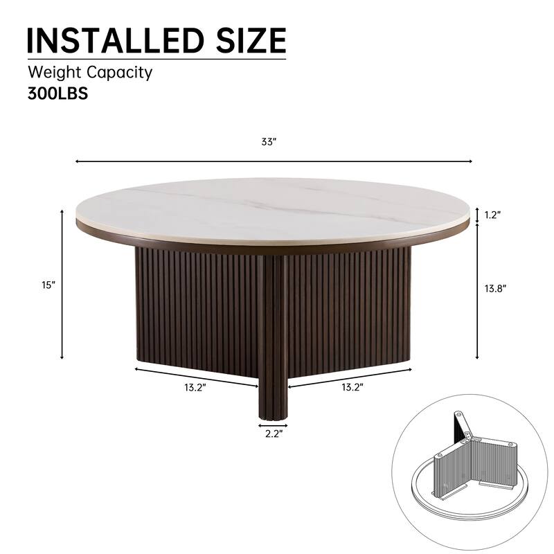 35" Round Coffee Table with Sintered Stone Top and Vertical-Groove Column Base for Living Room