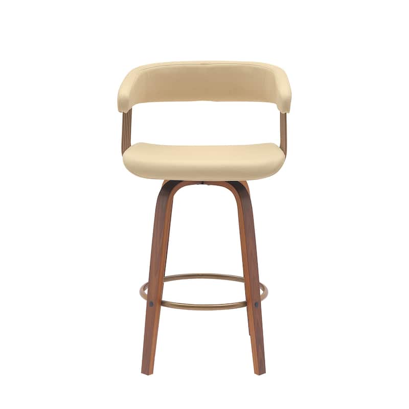 26" Cream And Wood Brown Faux Leather Swivel Counter Height Bar Chair