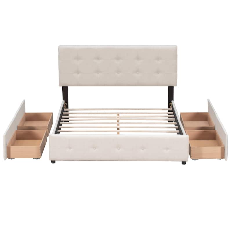Upholstered Platform Bed with Classic Headboard and 4 Drawers, No Box Spring Needed, Linen Fabric - Beige
