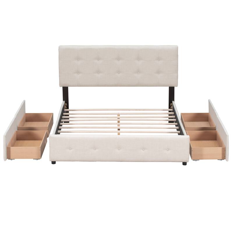 Upholstered Queen Platform Bed with Classic Headboard and 4 Drawers, Light Beige