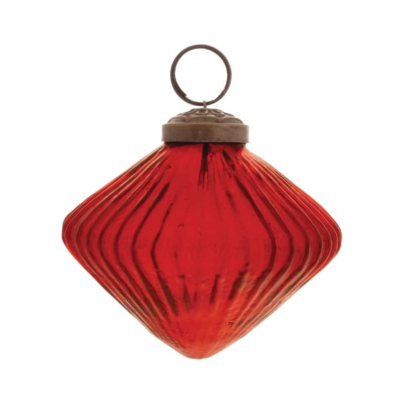 Glass Ribbed Diamond Ornaments with Brass Caps Set of 12 - 3.5” x 3.5” x 3” (L x W x H)