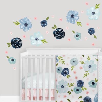 Blue Watercolor Floral Collection Wall Decal Stickers (Set of 4) - Blush Pink Navy Green White Shabby Chic Rose Flower Farmhouse
