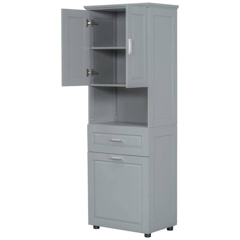 Tall Bathroom Linen Tower with Cabinet, Drawer and Hamper