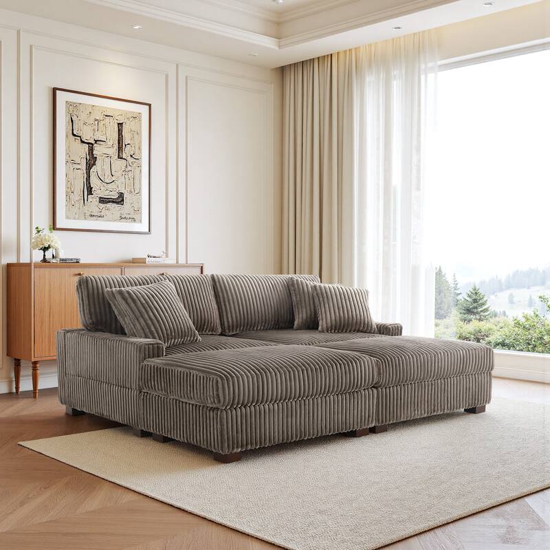 Modular Armchair and Ottoman Set with Adjustable Headrest, Flannel Upholstery - Light Brown - Symmetrical