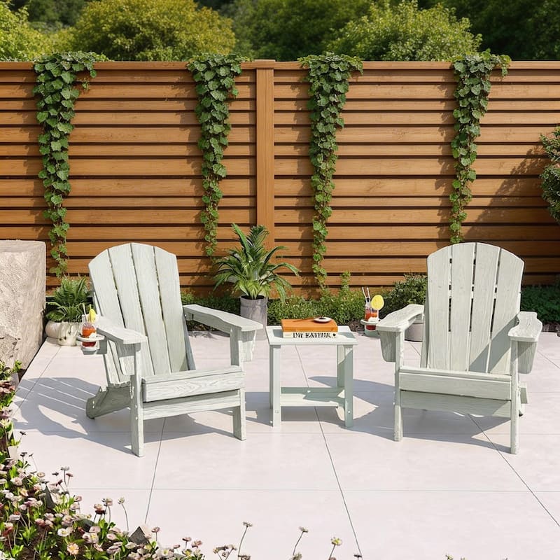 Folding Adirondack Chair Set of 2, with Side Table and Cup Holder - White