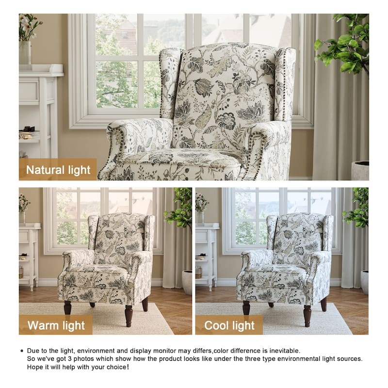 Traditional Floral Patterned Wingback Armchair with Nailhead Trim