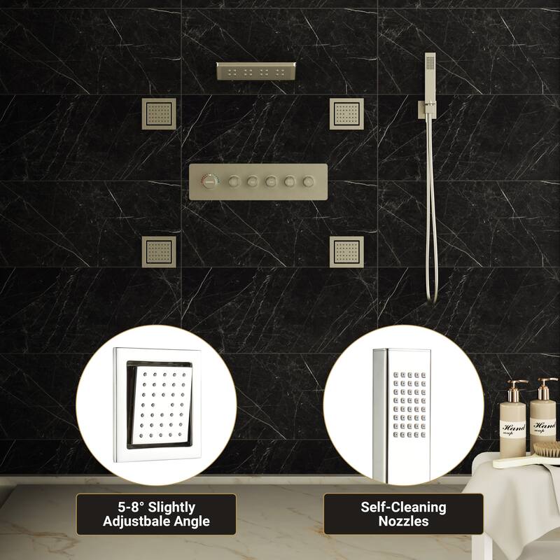 5-Spray Thermostatic Shower System, Luxury Anti-Scald 16 in. Fixed and Handheld Shower Head with Body Jets, Valve Included