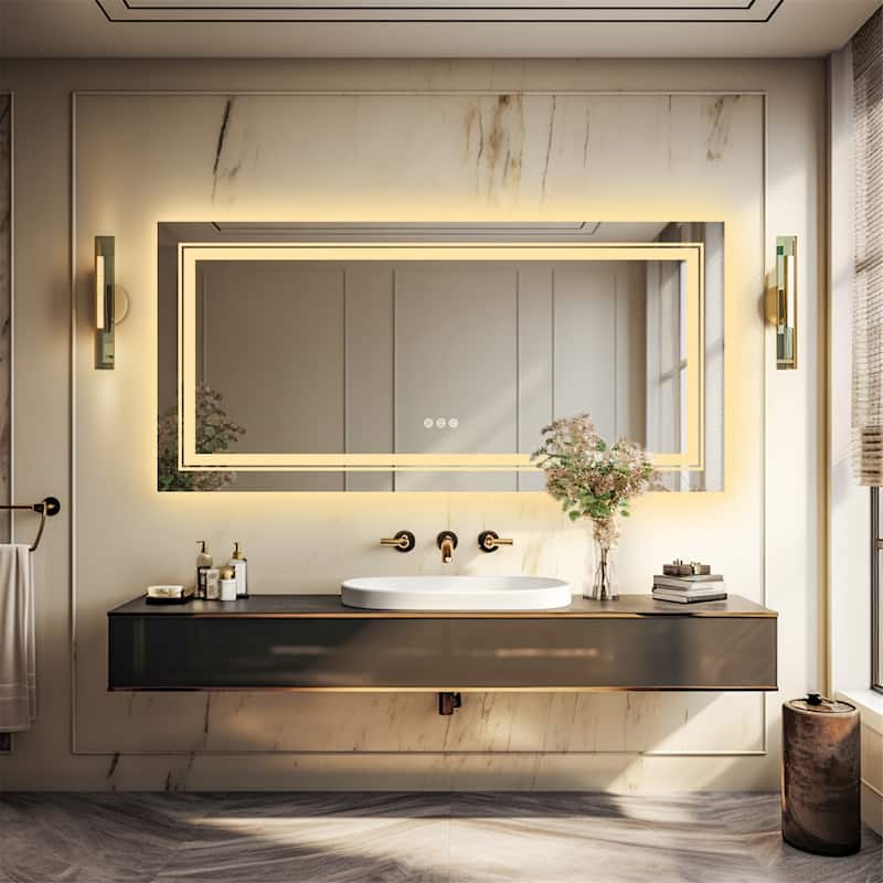 Rectangle Aluminum Frame Bathroom Mirror w/Led Backlit Light Anti-fog - 41.3x19.7 inch 