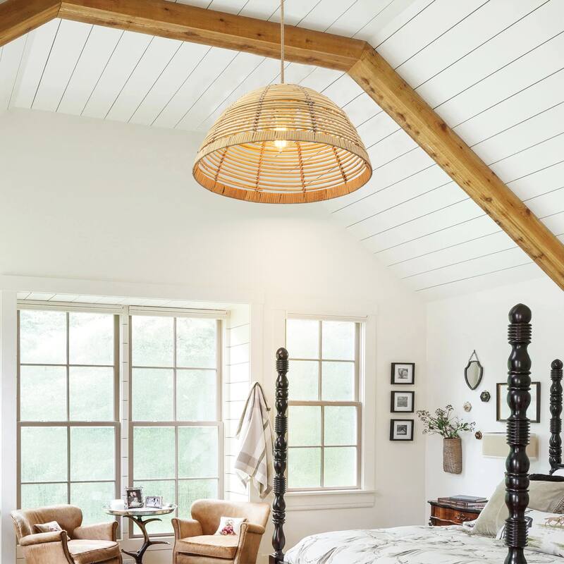 1-Light Farmhouse Rustic Dome Rattan Pendant Light for Kitchen Island - 19.4 in. W x 11 in. H