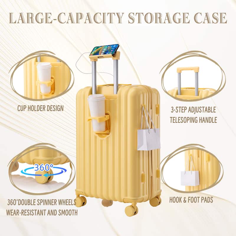 Three pcs/set in ABS Spinner Wheel Luggage with Cup Holder & USB Port & Phone Holder - Yellow